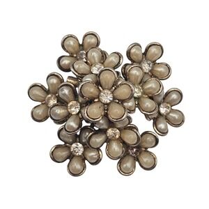 Vtg Signed Coro Flower Cluster Brooch Faux Pearl Cabochon Rhinestone‎ Elegant